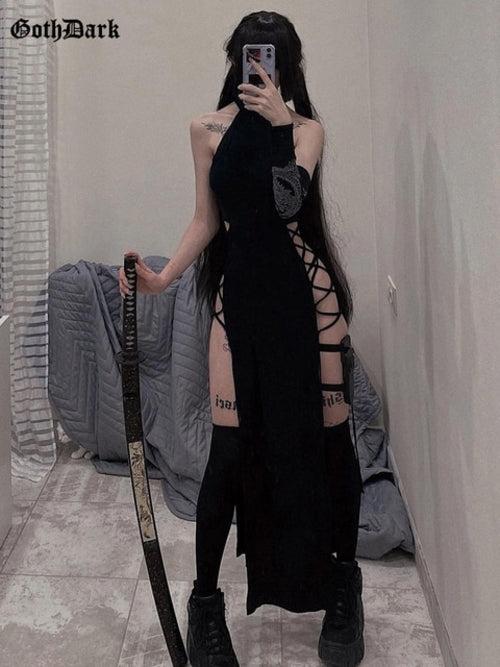 The Blade’s Whisper — Gothic Split Halter Dress