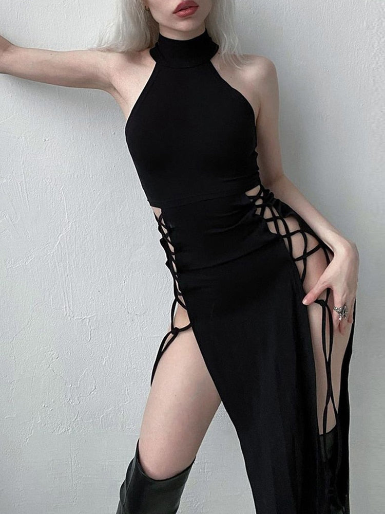The Blade’s Whisper — Gothic Split Halter Dress