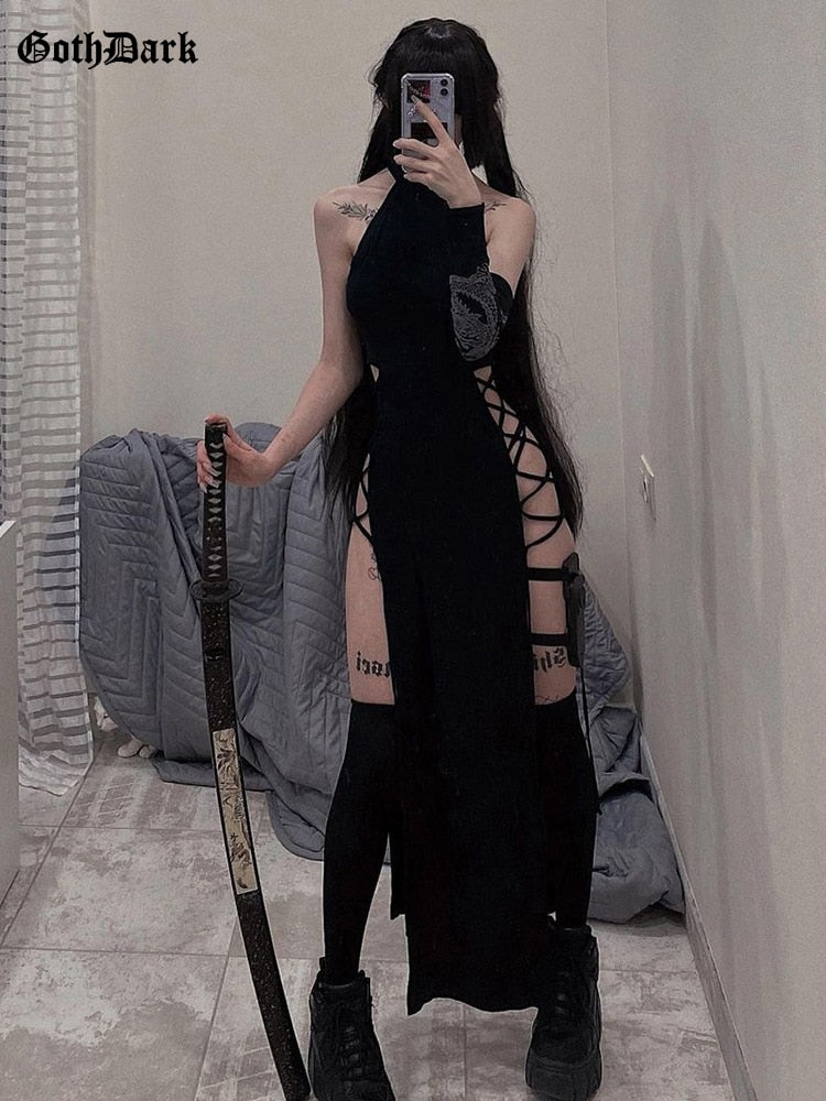 The Blade’s Whisper — Gothic Split Halter Dress
