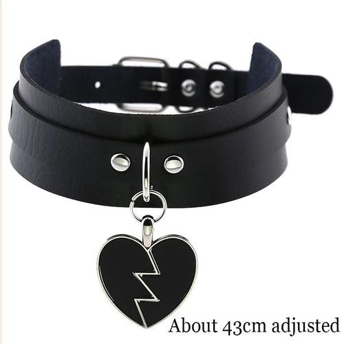 Black Leather Gothic Choker with Heart & Chains