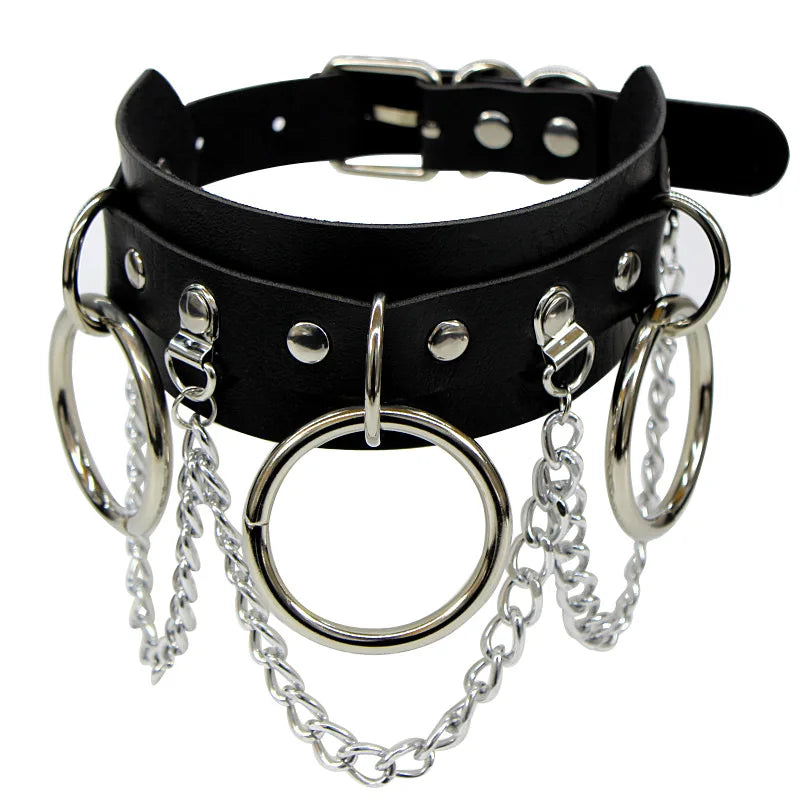 Black Leather Gothic Choker with Heart & Chains