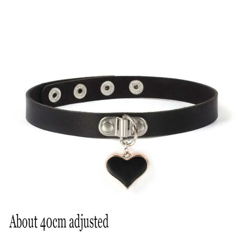 Black Leather Gothic Choker with Heart & Chains