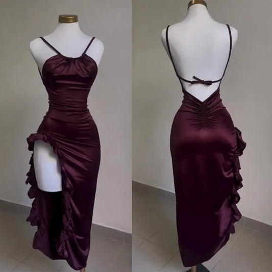The Crimson Reliquary — Satin Ruched Backless Gown