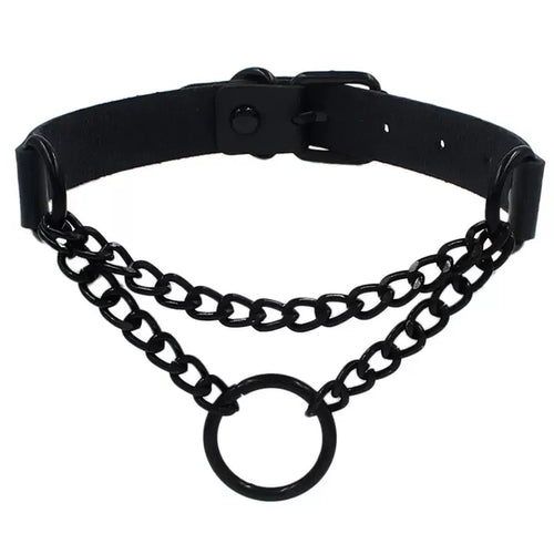Black Leather Gothic Choker with Heart & Chains