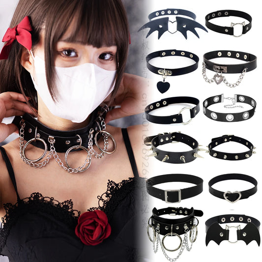 Black Leather Gothic Choker with Heart & Chains