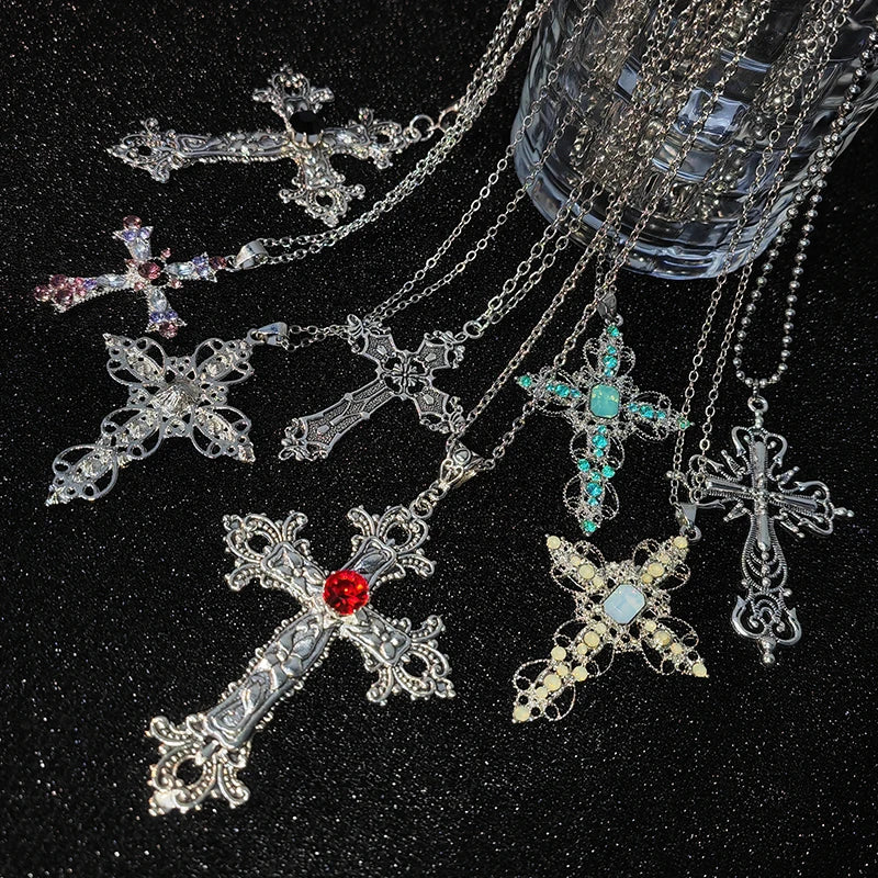 Gothic Cross Crystal Pendant Necklace