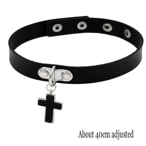 Black Leather Gothic Choker with Heart & Chains