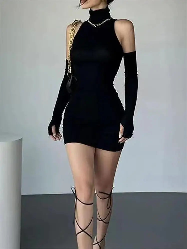 The Raven’s Kiss — Ruched Gothic Turtleneck Mini Dress