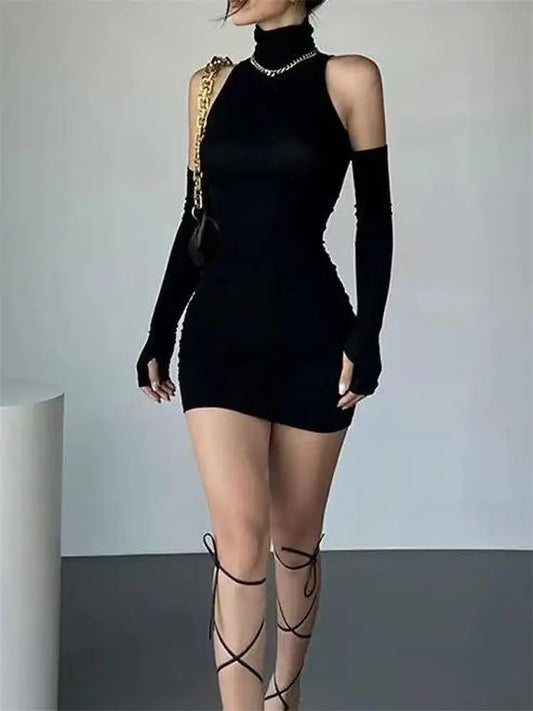 The Raven’s Kiss — Ruched Gothic Turtleneck Mini Dress