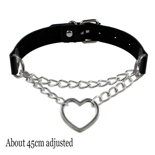 Black Leather Gothic Choker with Heart & Chains