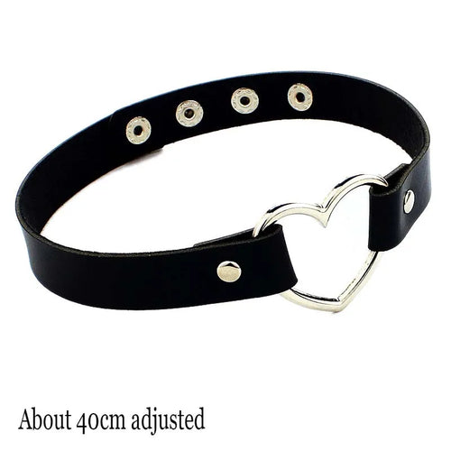 Black Leather Gothic Choker with Heart & Chains