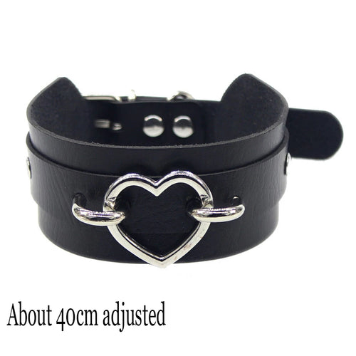 Black Leather Gothic Choker with Heart & Chains