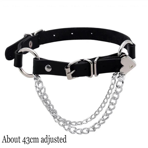 Black Leather Gothic Choker with Heart & Chains
