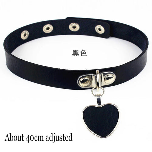 Black Leather Gothic Choker with Heart & Chains