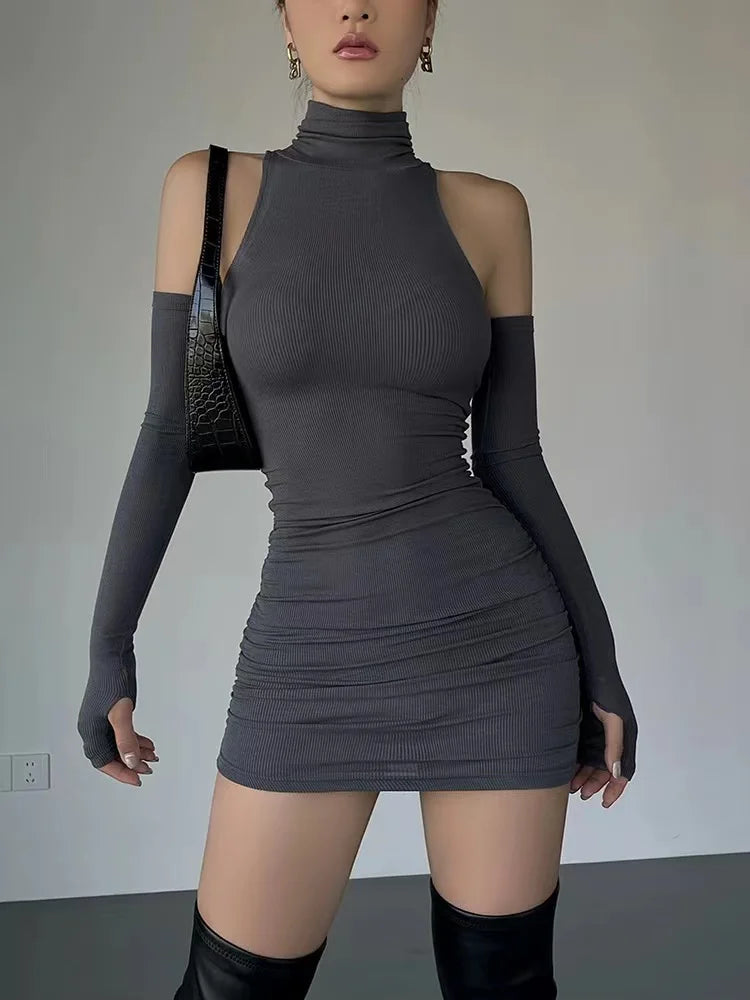 The Raven’s Kiss — Ruched Gothic Turtleneck Mini Dress