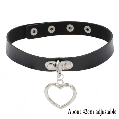 Black Leather Gothic Choker with Heart & Chains