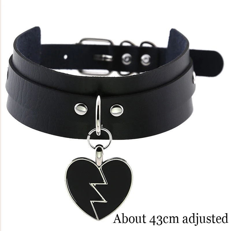 Black Leather Gothic Choker with Heart & Chains
