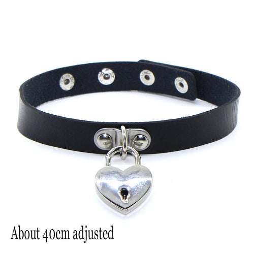 Black Leather Gothic Choker with Heart & Chains