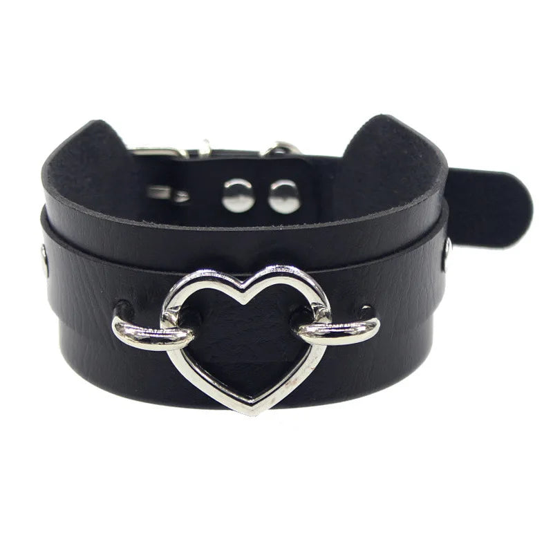 Black Leather Gothic Choker with Heart & Chains